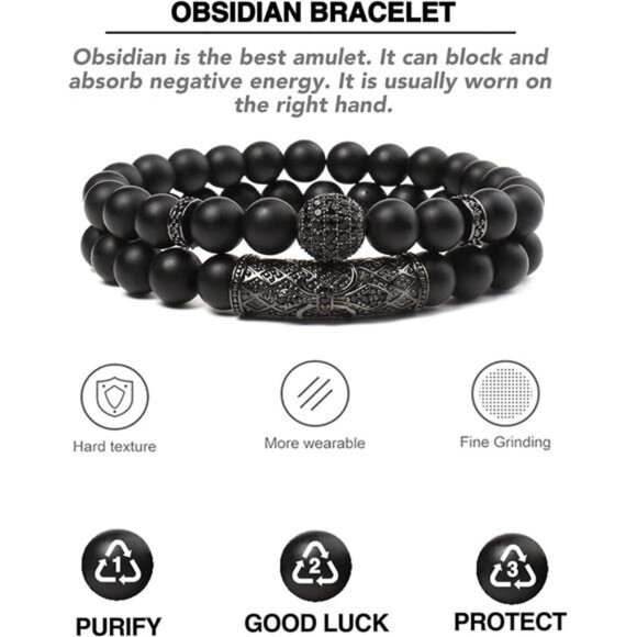 obsidian healing crystal beaded bracelet 8mm stretch protection good luck gift - Picture 3 of 7